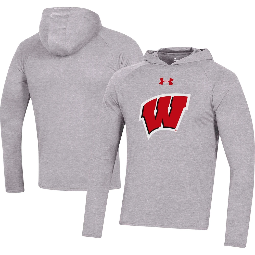 Men's Under Armour  Heather Gray Wisconsin Badgers School Logo Raglan Long Sleeve Hoodie Performance T-Shirt