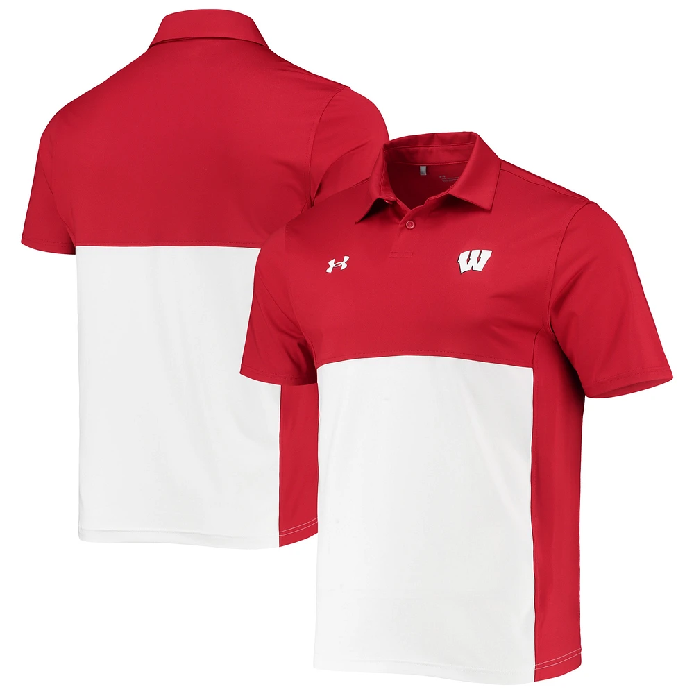 Polo de performance Under Armour pour hommes des Wisconsin Badgers 2022 Blocked Coaches rouge/blanc