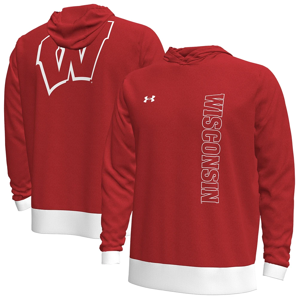 T-shirt à capuche manches longues pour homme Under Armour Red Wisconsin Badgers 2024 On-Court Shootaround