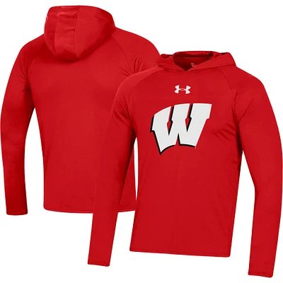 Men's Under Armour  Red Wisconsin Badgers School Logo Raglan Long Sleeve Hoodie Performance T-Shirt