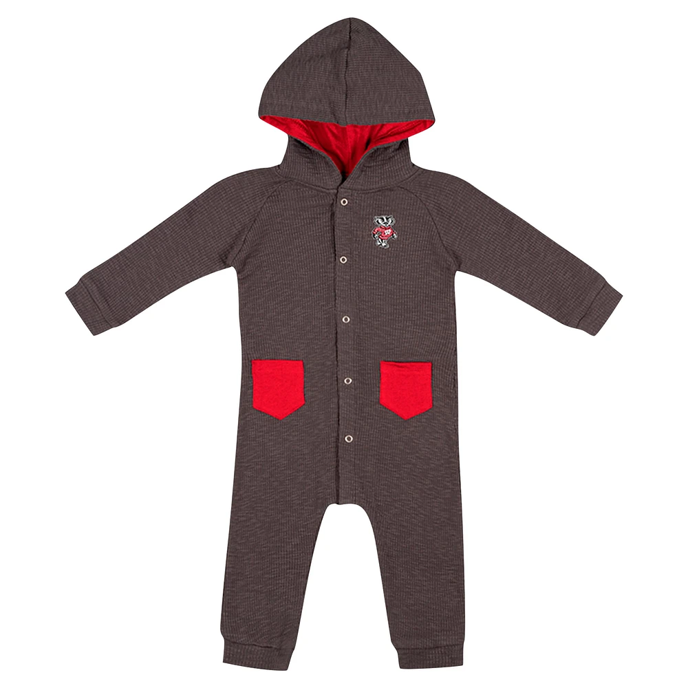 Newborn & Infant Colosseum Charcoal Wisconsin Badgers Zando-Zan Waffle Full-Snap Hooded Romper