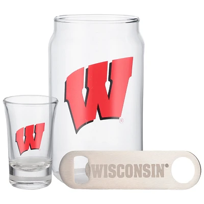 Ensemble de trois verres à bière Wisconsin Badgers de The Memory Company, verre à liqueur de 2 oz et décapsuleur