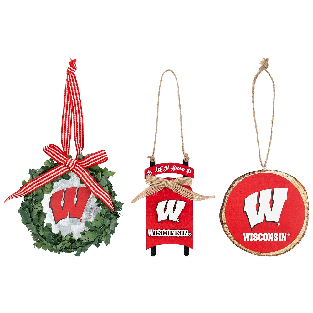 Ensemble de trois couronnes, traîneaux et ornements circulaires Wisconsin Badgers de The Memory Company