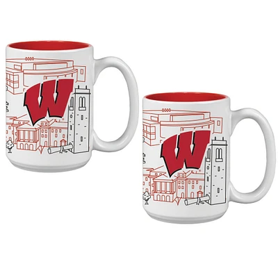 Lot de deux tasses à café Campus Line Art de 15 oz des Wisconsin Badgers