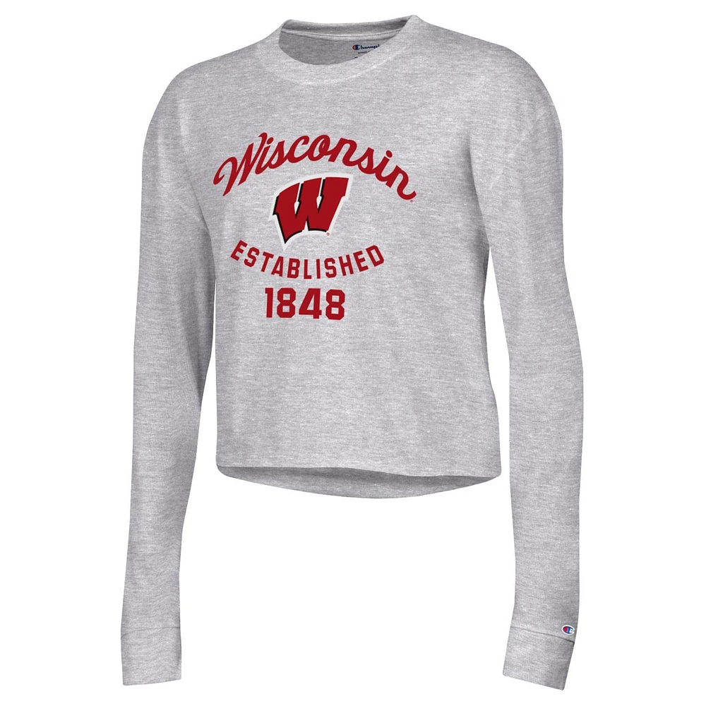 T-shirt court à manches longues Champion Wisconsin Badgers Boyfriend pour femme, gris