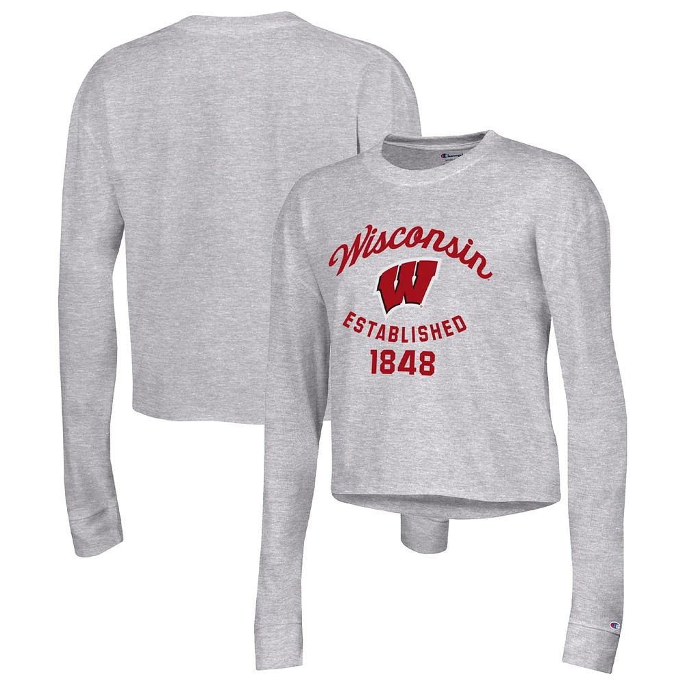 Women's Champion Gray Wisconsin Badgers Boyfriend Cropped Long Sleeve T-Shirt