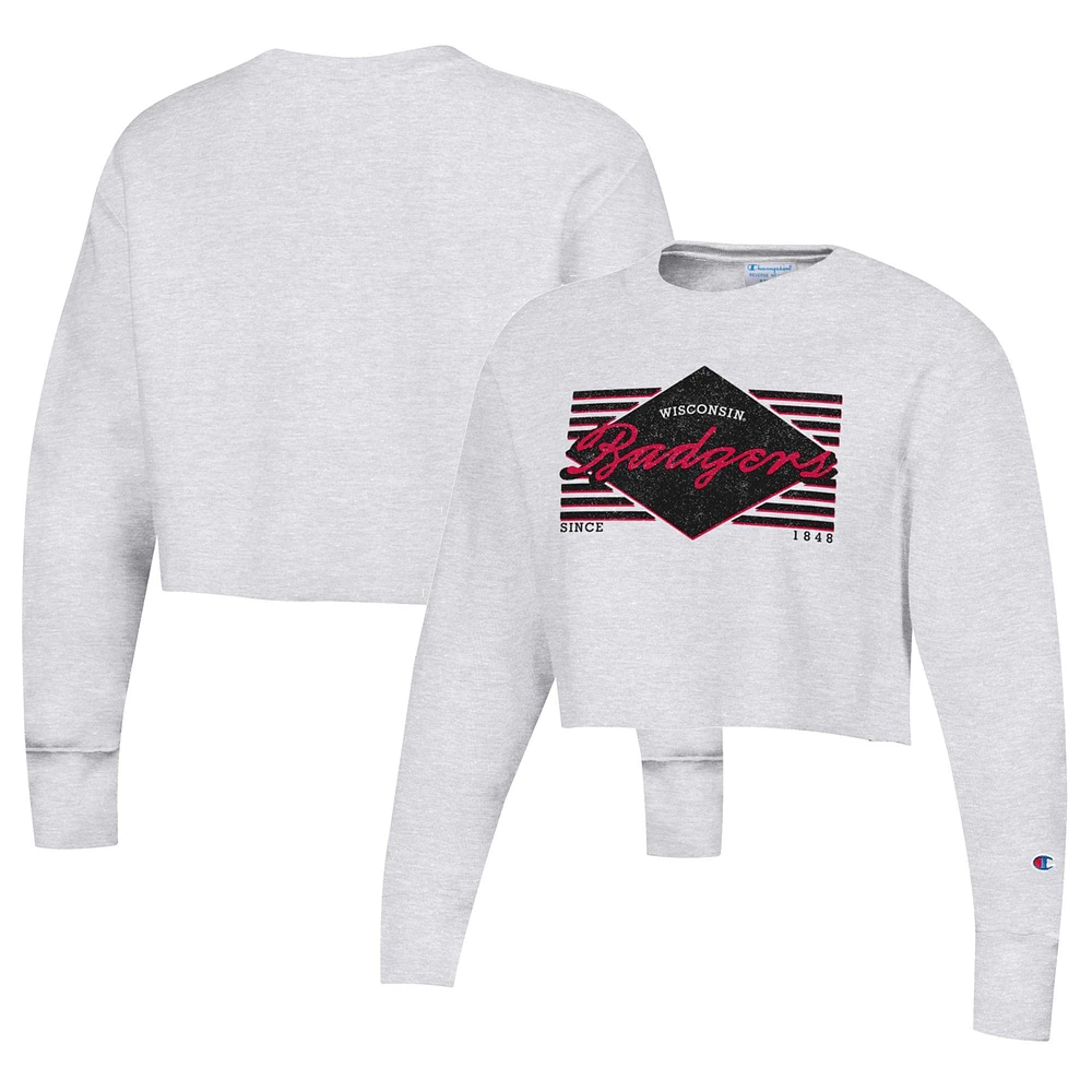 Women's Champion Heather Gray Wisconsin Badgers Reverse Weave Cropped Pullover Sweatshirt