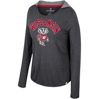 Women's Colosseum  Black Wisconsin Badgers Distressed Heather Long Sleeve Hoodie T-Shirt