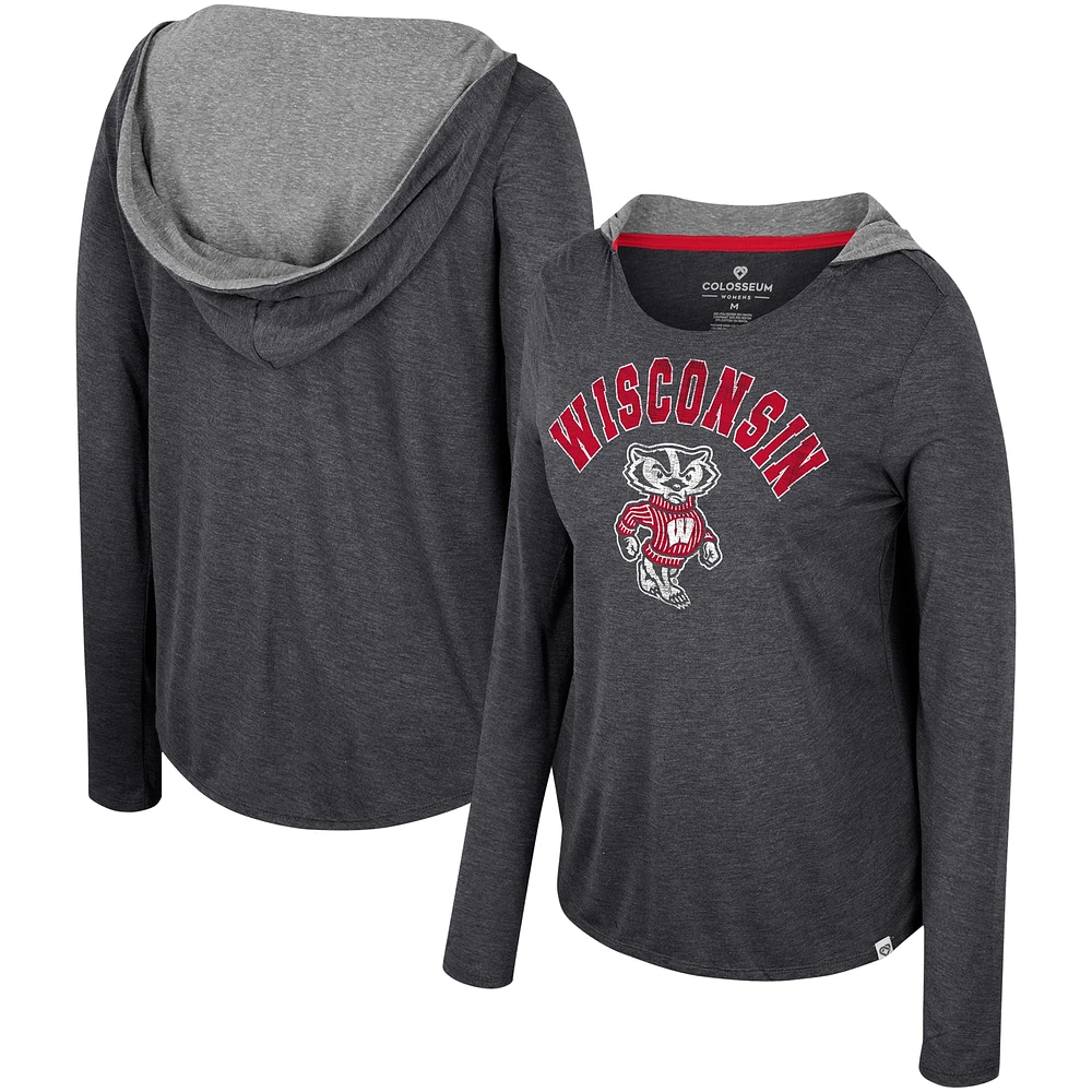 Women's Colosseum  Black Wisconsin Badgers Distressed Heather Long Sleeve Hoodie T-Shirt