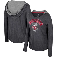 Women's Colosseum  Black Wisconsin Badgers Distressed Heather Long Sleeve Hoodie T-Shirt