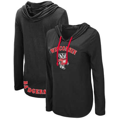 Women's Colosseum Black Wisconsin Badgers My Lover Lightweight Hooded Long Sleeve T-Shirt