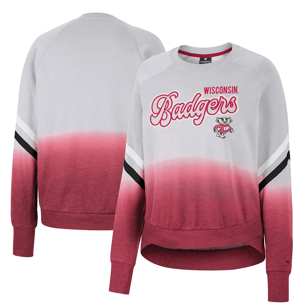 Women's Colosseum Gray Wisconsin Badgers Cue Cards Dip-Dye Raglan Pullover Sweatshirt