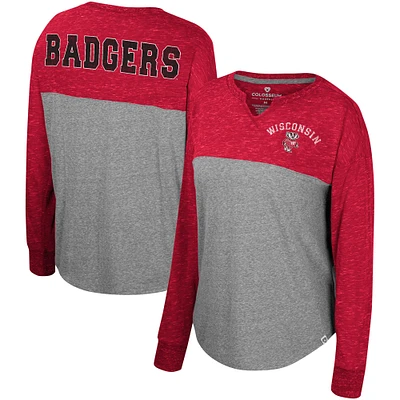 Women's Colosseum Heather Gray/Red Wisconsin Badgers Jelly of the Month Oversized Tri-Blend Long Sleeve T-Shirt