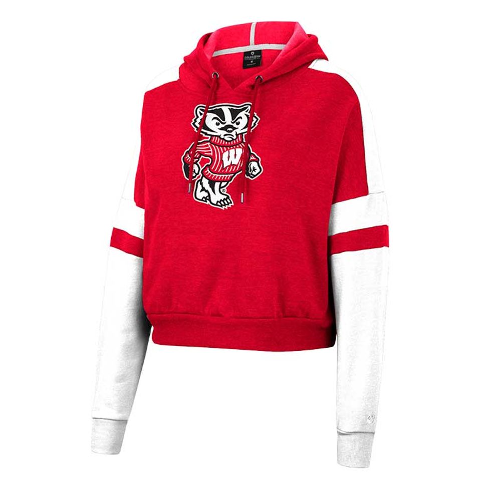 Women's Colosseum Heather Red Wisconsin Badgers Throwback Stripe Arch Logo Cropped Pullover Hoodie