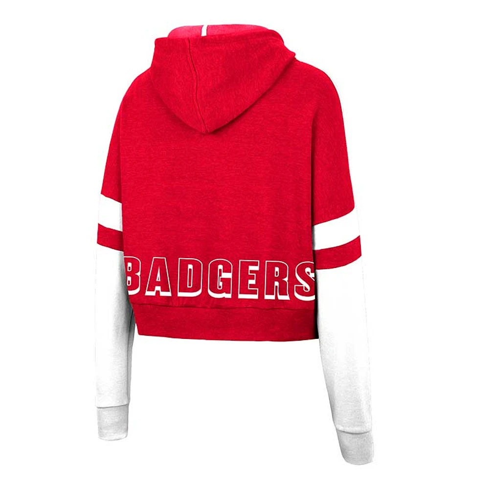 Women's Colosseum Heather Red Wisconsin Badgers Throwback Stripe Arch Logo Cropped Pullover Hoodie