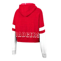 Women's Colosseum Heather Red Wisconsin Badgers Throwback Stripe Arch Logo Cropped Pullover Hoodie