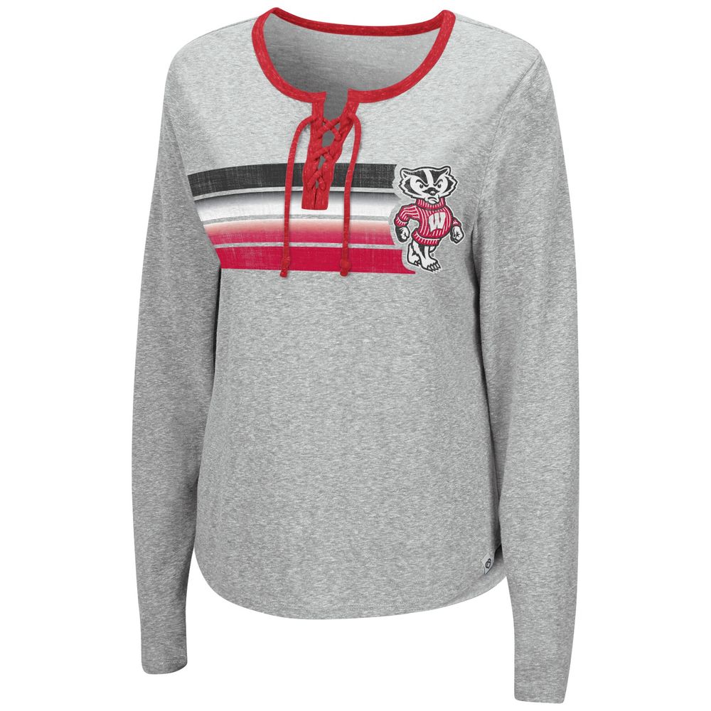 Women's Colosseum Heathered Gray Wisconsin Badgers Sundial Tri-Blend Long Sleeve Lace-Up T-Shirt