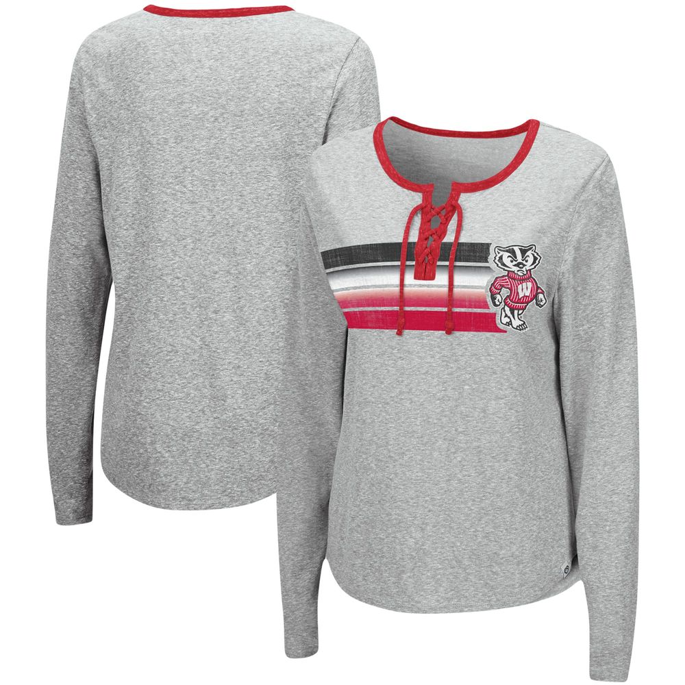 Women's Colosseum Heathered Gray Wisconsin Badgers Sundial Tri-Blend Long Sleeve Lace-Up T-Shirt