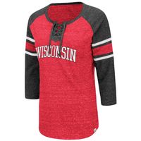 Women's Colosseum Red/Heathered Charcoal Wisconsin Badgers Scienta Pasadena Raglan 3/4 Sleeve Lace-Up T-Shirt