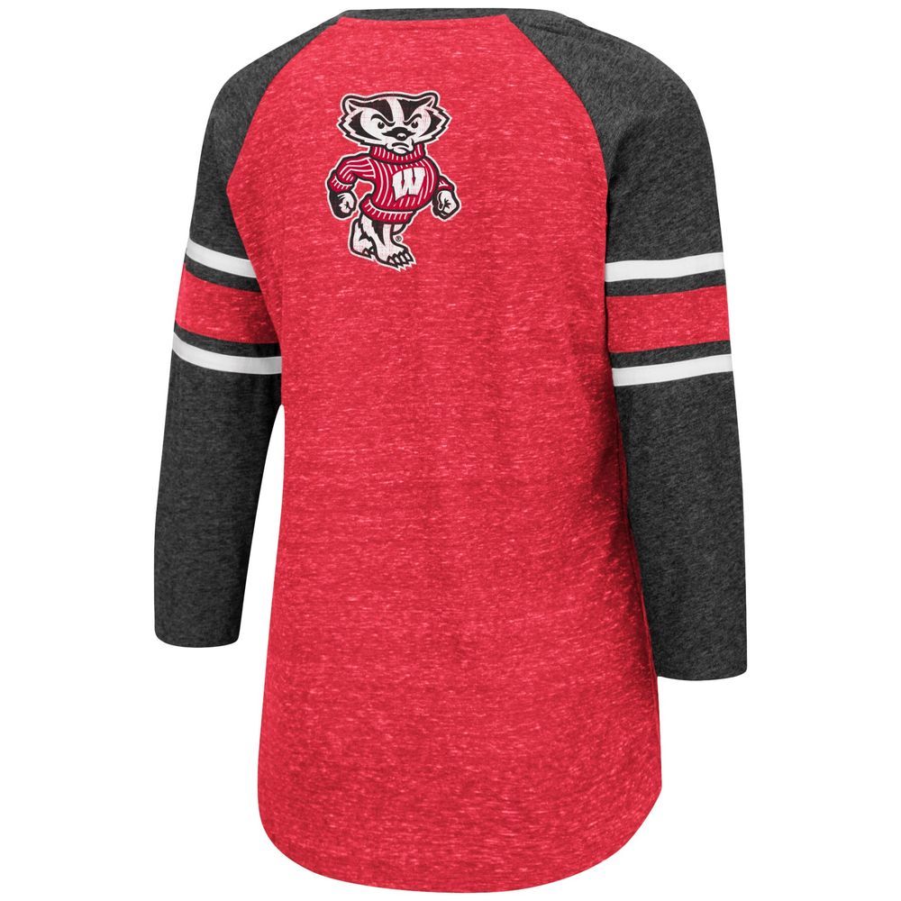 Women's Colosseum Red/Heathered Charcoal Wisconsin Badgers Scienta Pasadena Raglan 3/4 Sleeve Lace-Up T-Shirt