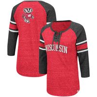 Women's Colosseum Red/Heathered Charcoal Wisconsin Badgers Scienta Pasadena Raglan 3/4 Sleeve Lace-Up T-Shirt