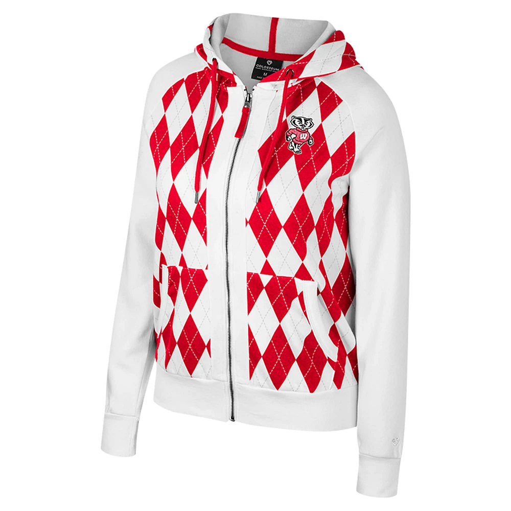 Women's Colosseum White Wisconsin Badgers The Dealio Argyle Full-Zip Jacket