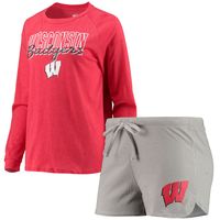 Women's Concepts Sport Heathered Red/Gray Wisconsin Badgers Raglan Long Sleeve T-Shirt & Shorts Sleep Set