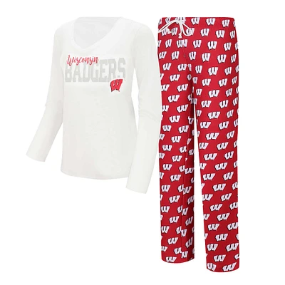 Ensemble de nuit Concepts Sport pour femmes, t-shirt à manches longues et pantalon jauge des Badgers du Wisconsin, blanc/rouge