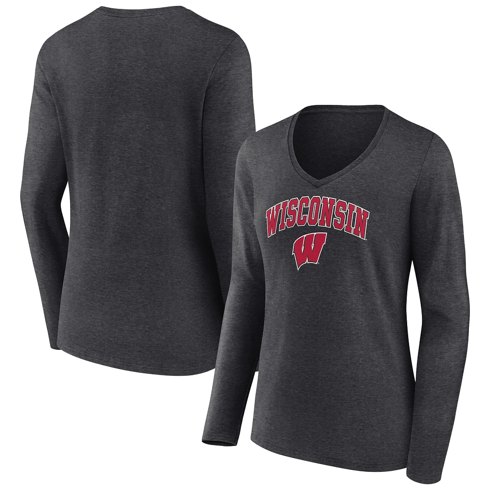 Women's Fanatics Heather Charcoal Wisconsin Badgers Campus Long Sleeve V-Neck T-Shirt