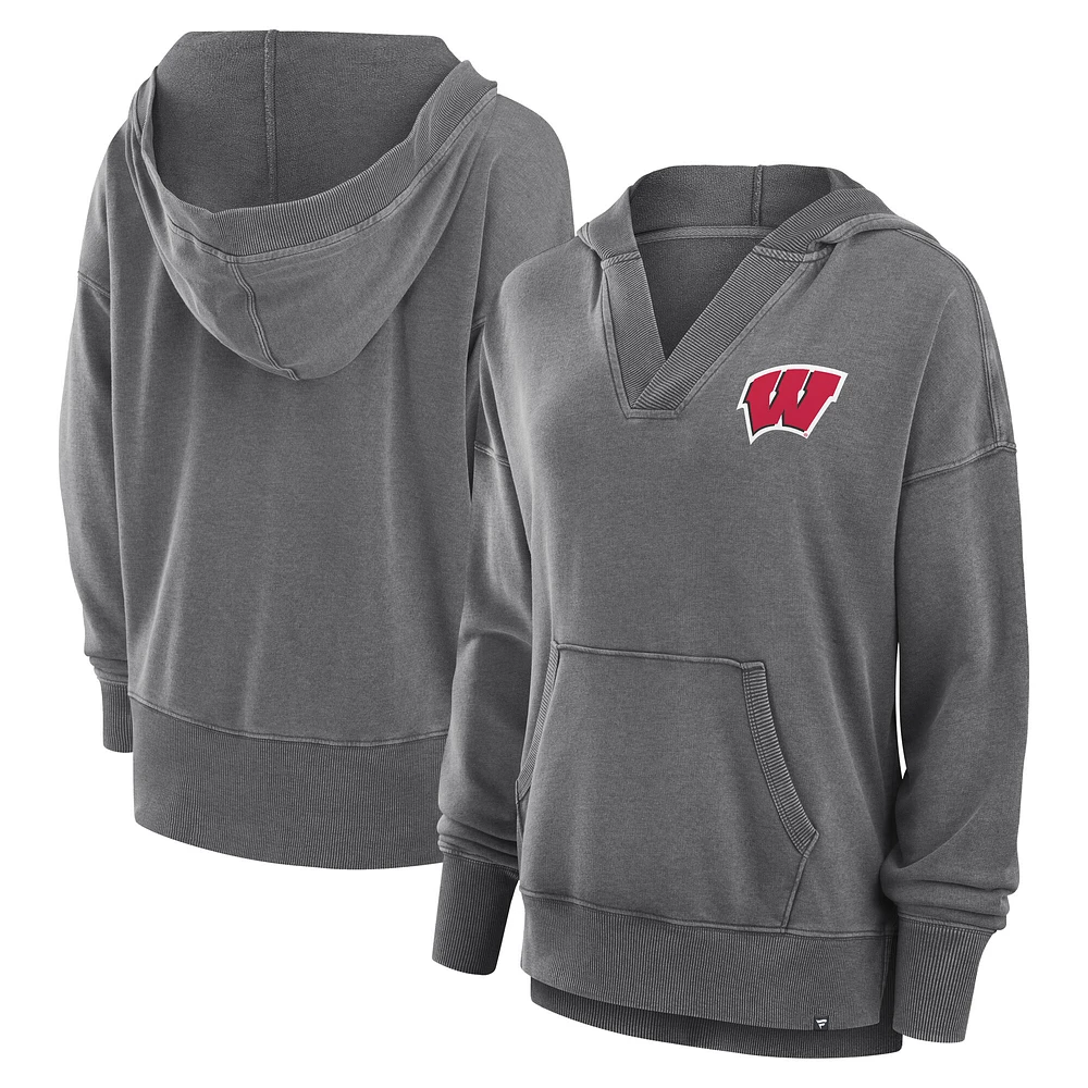 Sweat à capuche col en V molleton français Snow Wash Initiative des Wisconsin Badgers de Heather Gray Fanatics pour femmes