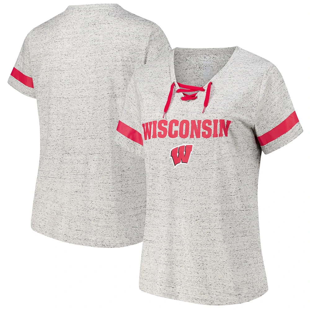 T-shirt à lacets et col en V grande taille pour femmes Fanatics Heather Gray Wisconsin Badgers