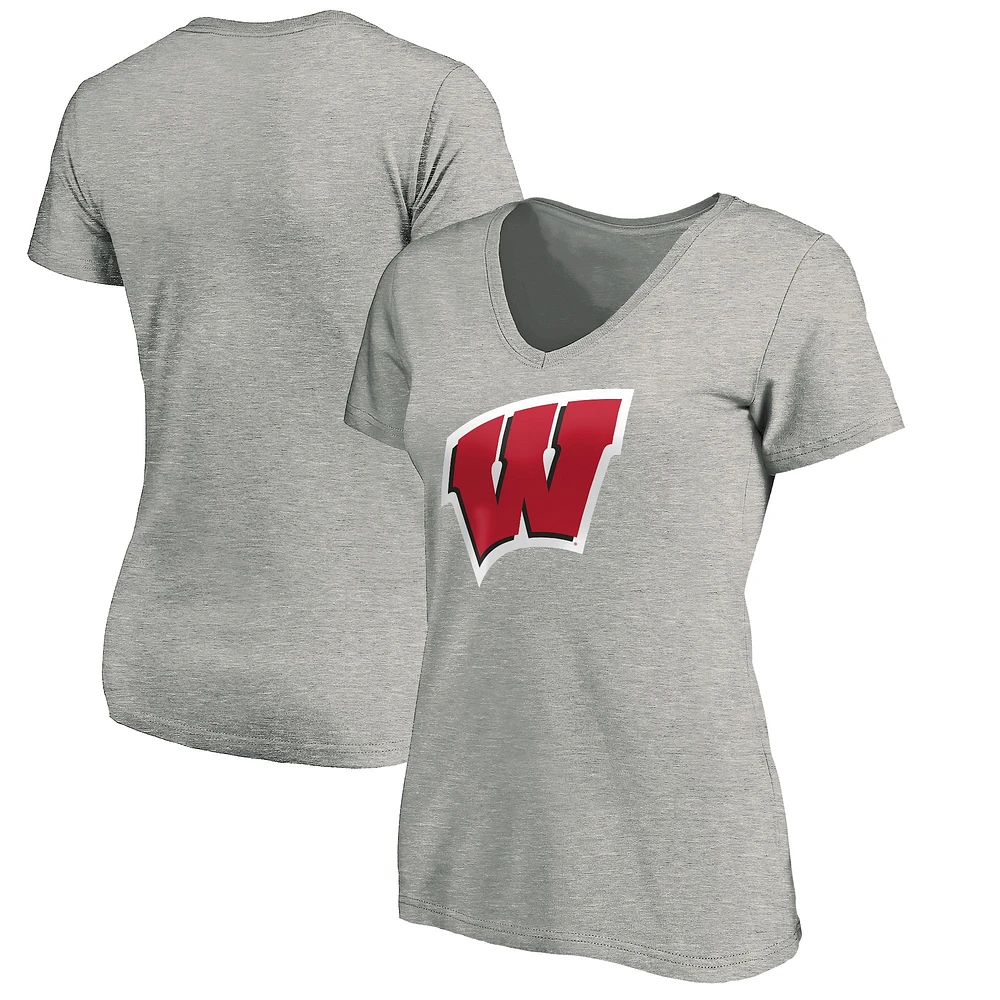 Women's Fanatics Heathered Gray Wisconsin Badgers Primary Logo V-Neck T-Shirt