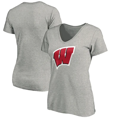 T-shirt à col en V avec logo principal des Wisconsin Badgers Fanatics gris chiné pour femmes