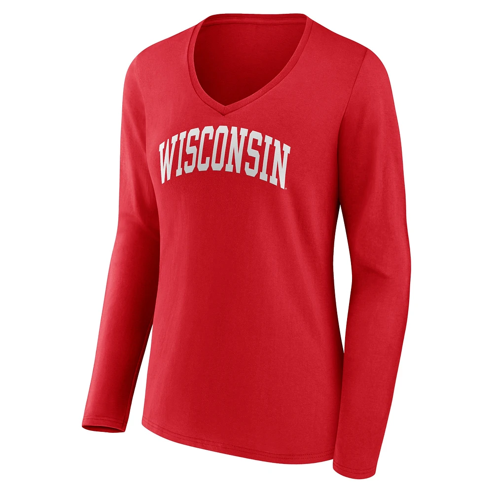 Women's Fanatics Red Wisconsin Badgers Basic Arch Long Sleeve V-Neck T-Shirt