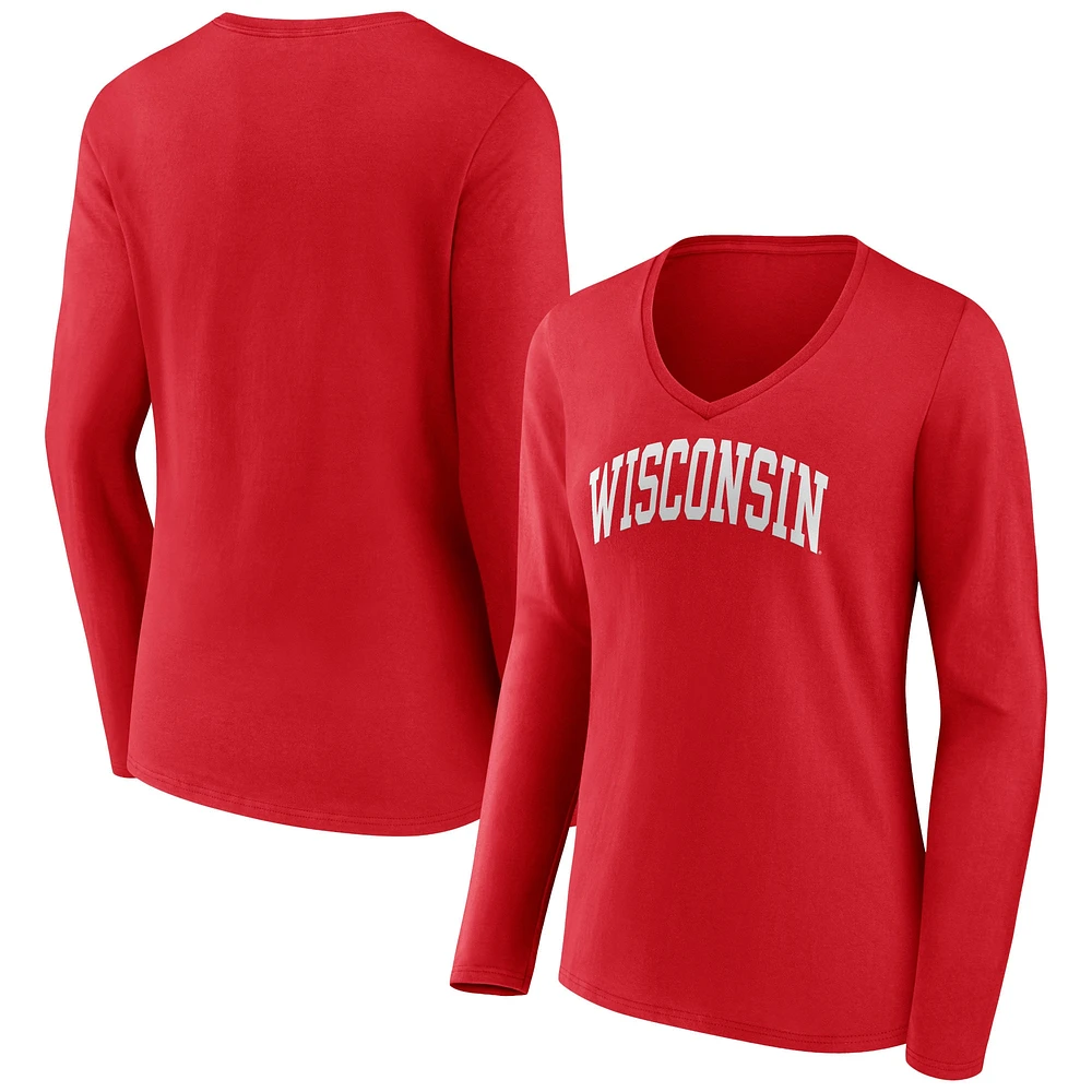 Women's Fanatics Red Wisconsin Badgers Basic Arch Long Sleeve V-Neck T-Shirt