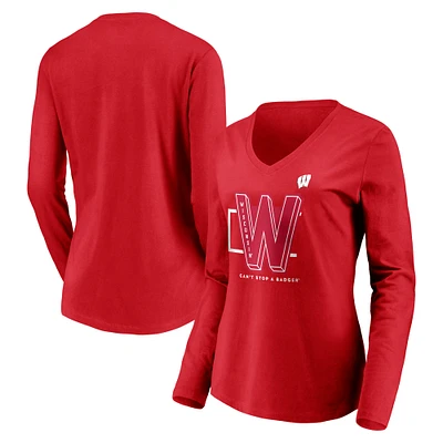 Women's Fanatics Red Wisconsin Badgers Can't Stop a Badger V-Neck Long Sleeve T-Shirt