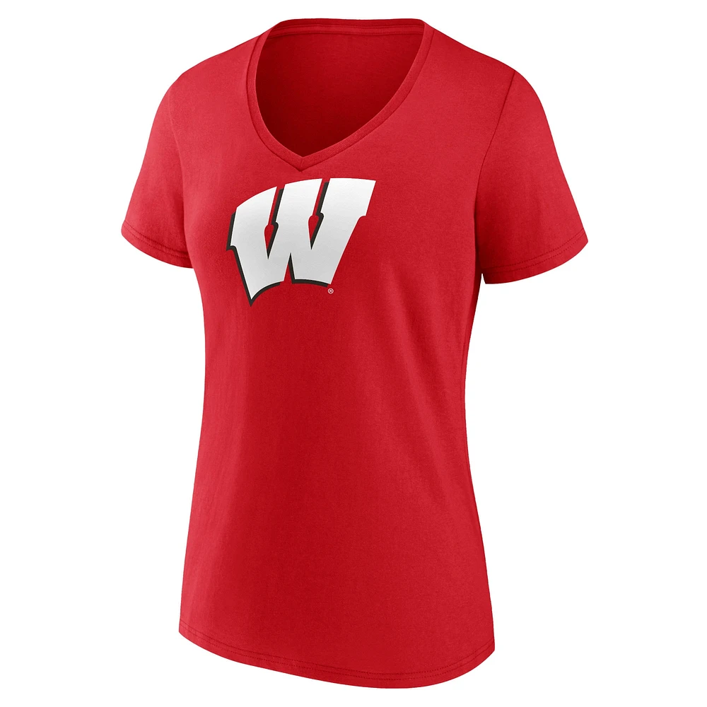 T-shirt col en V rouge avec logo des Wisconsin Badgers Fanatics pour femmes