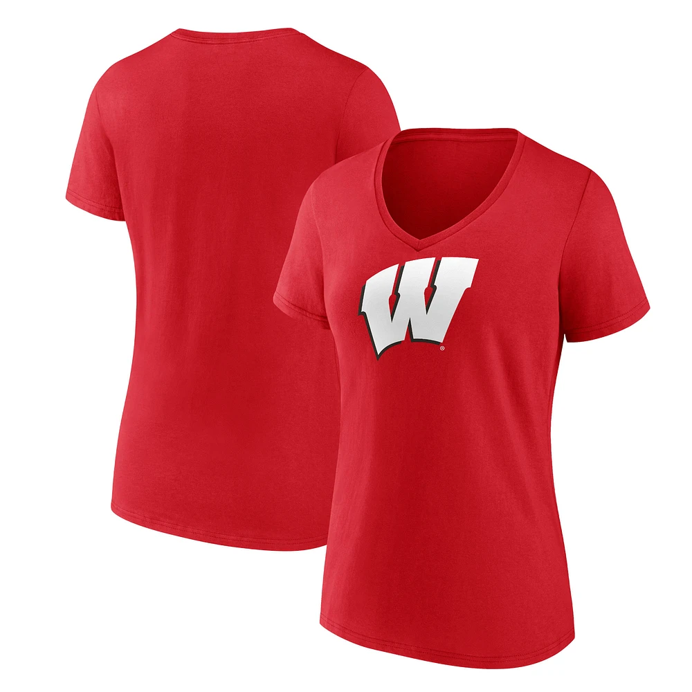 T-shirt col en V rouge avec logo des Wisconsin Badgers Fanatics pour femmes