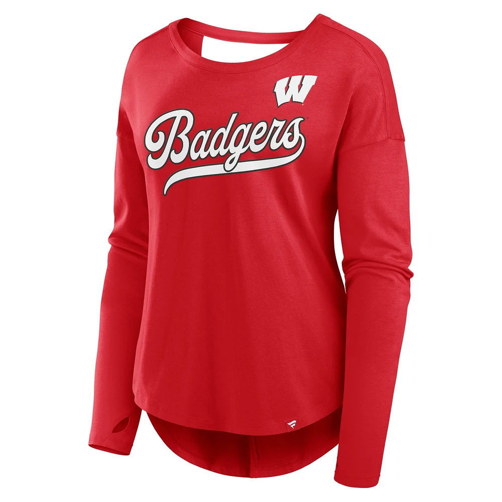 T-shirt à manches longues et col en V pour femme Fanatics Red Wisconsin Badgers Training Camp Core