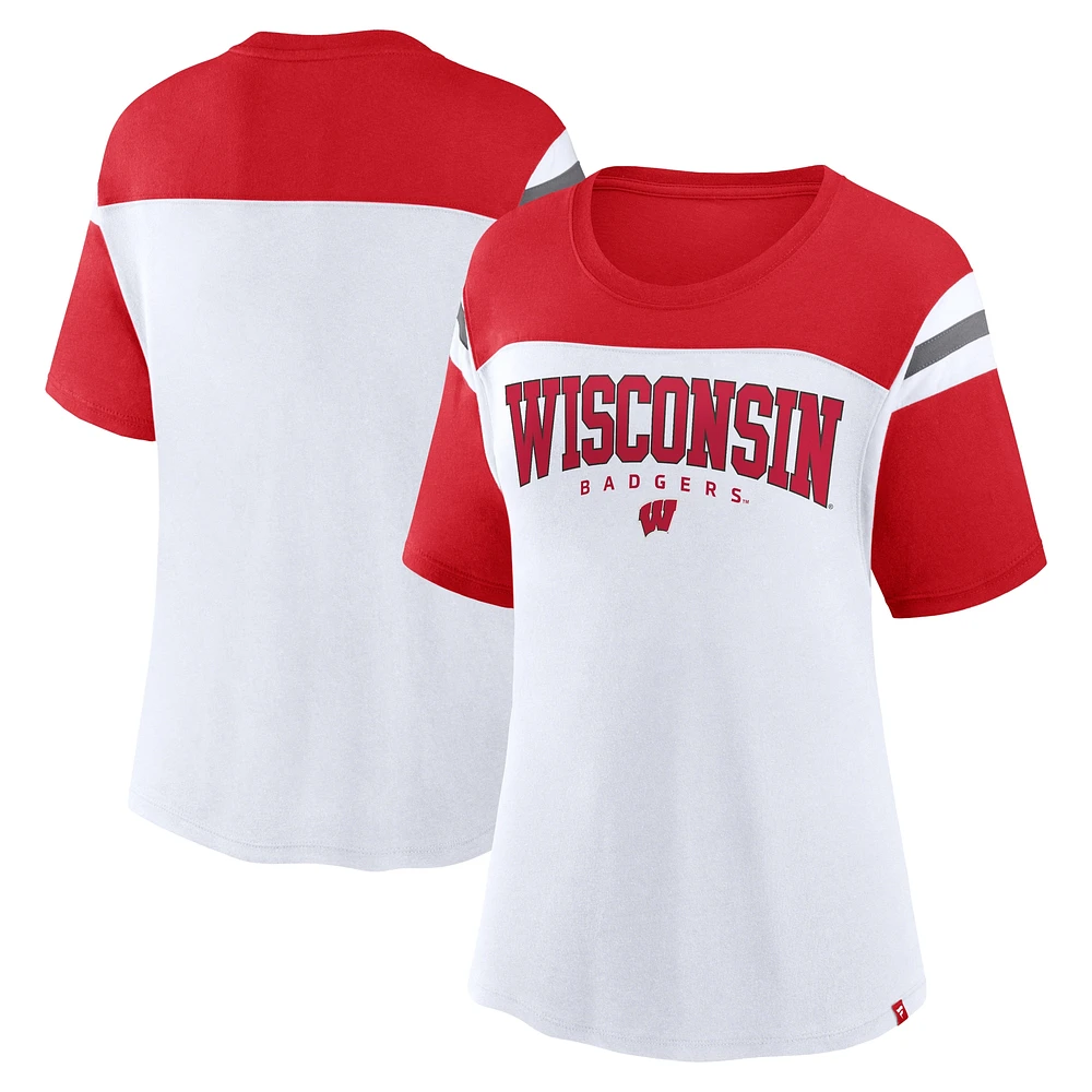 T-shirt gagnant fondamental à blocs de couleurs Fanatics White Wisconsin Badgers pour femmes