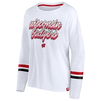 T-shirt à manches longues rayures rétro Power Fanatics blanc Wisconsin Badgers pour femmes