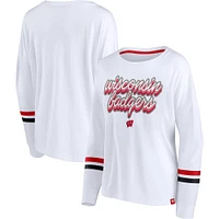 T-shirt à manches longues rayures rétro Power Fanatics blanc Wisconsin Badgers pour femmes