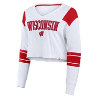 Women's Fanatics White Wisconsin Badgers Training Camp Cropped Long Sleeve V-Neck Fashion Top