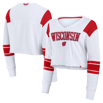 Women's Fanatics White Wisconsin Badgers Training Camp Cropped Long Sleeve V-Neck Fashion Top