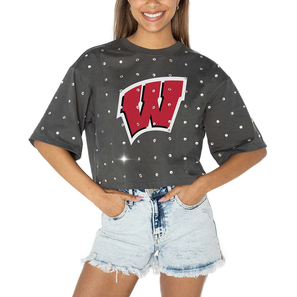 T-shirt court à strass pour femme Gameday Couture gris Wisconsin Badgers Go Time