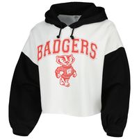 Women's Gameday Couture White/Black Wisconsin Badgers Good Time Color Block Cropped Hoodie