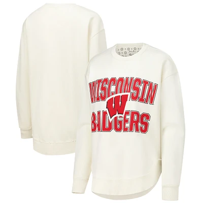 Women's Pressbox  Cream Wisconsin Badgers Poncho Fleece Crew Sweatshirt