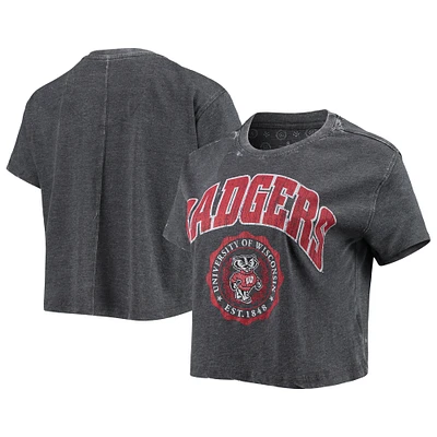 T-shirt court Pressbox Heather Black Wisconsin Badgers Edith Vintage Burnout pour femmes