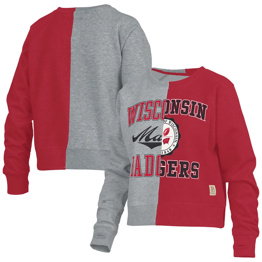 Sweat-shirt Pressbox gris chiné pour femmes des Badgers du Wisconsin, moitié-moitié raglan