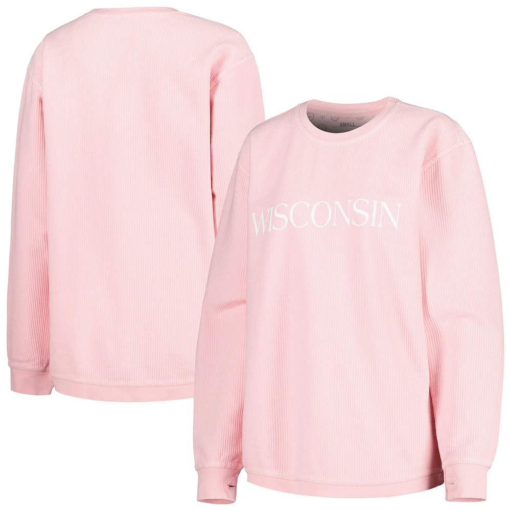 Women's Pressbox Pink Wisconsin Badgers Comfy Cord Bar Print Pullover Sweatshirt